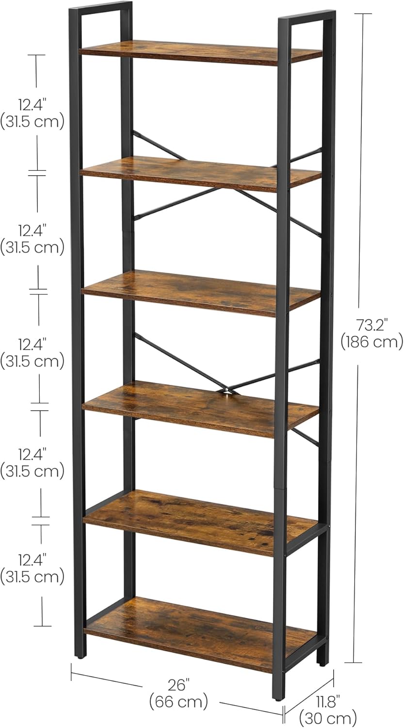 VASAGLE Industrial 6-Tier Bookshelf - Rustic Brown & Black Shelving Unit | Flick Cart