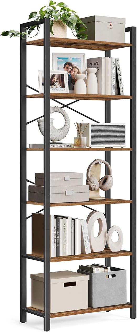 VASAGLE Industrial 6-Tier Bookshelf - Rustic Brown & Black Shelving Unit | Flick Cart