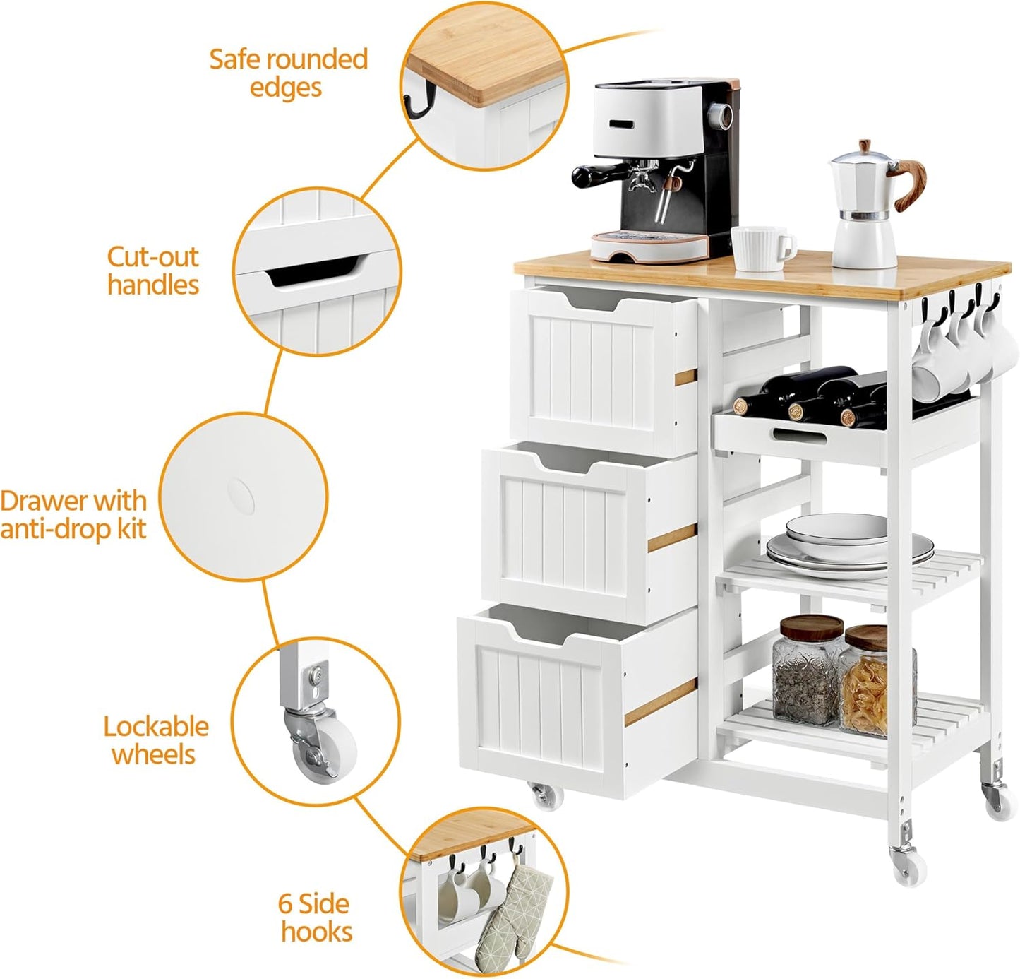 Flick Cart | Yaheetech Kitchen Storage Trolley – Rolling Island Cart with 3 Drawers & 3 Shelves for Dining, Living & More
