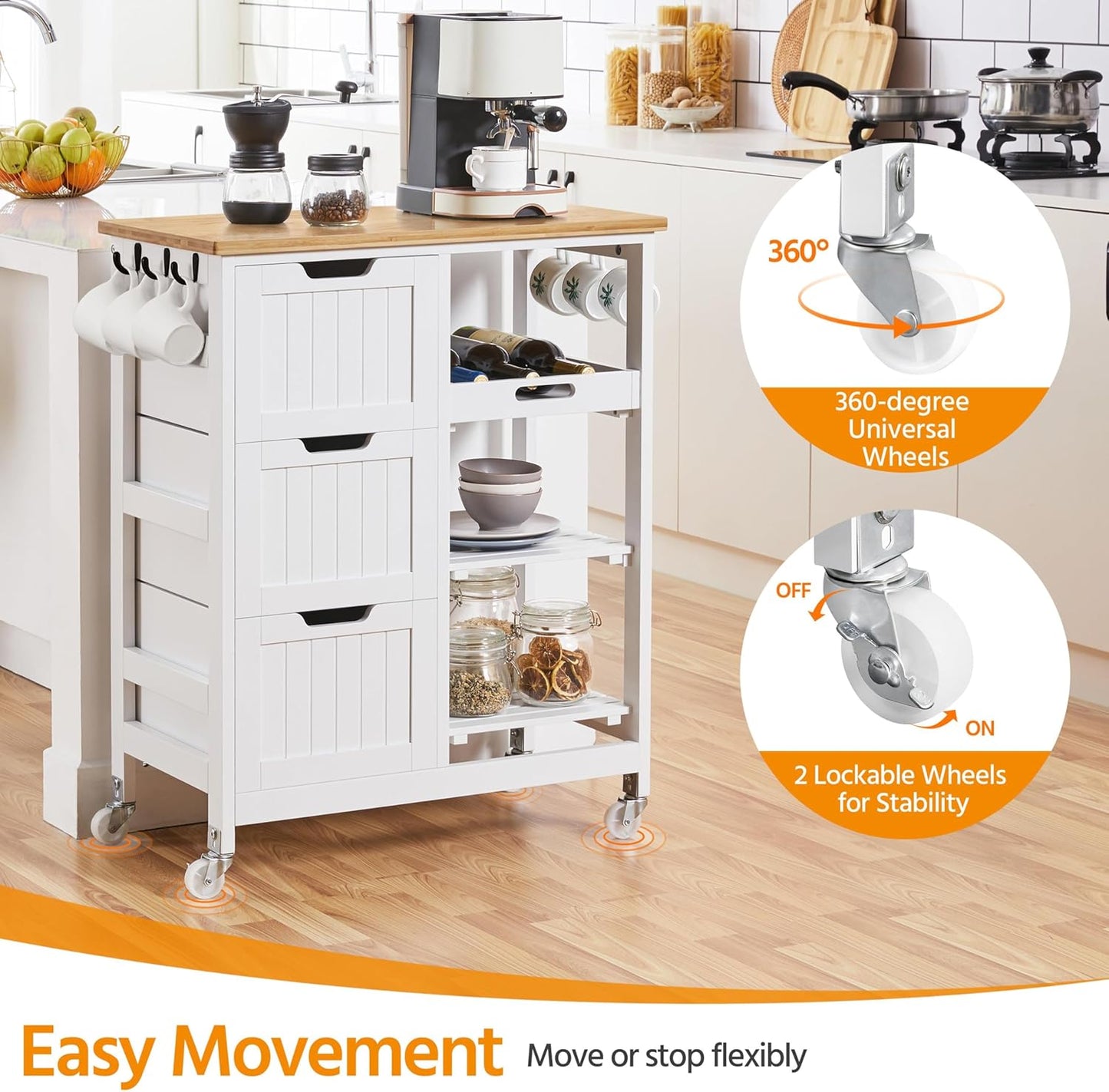 Flick Cart | Yaheetech Kitchen Storage Trolley – Rolling Island Cart with 3 Drawers & 3 Shelves for Dining, Living & More
