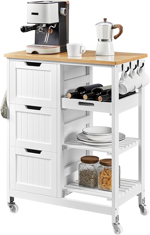 Flick Cart | Yaheetech Kitchen Storage Trolley – Rolling Island Cart with 3 Drawers & 3 Shelves for Dining, Living & More