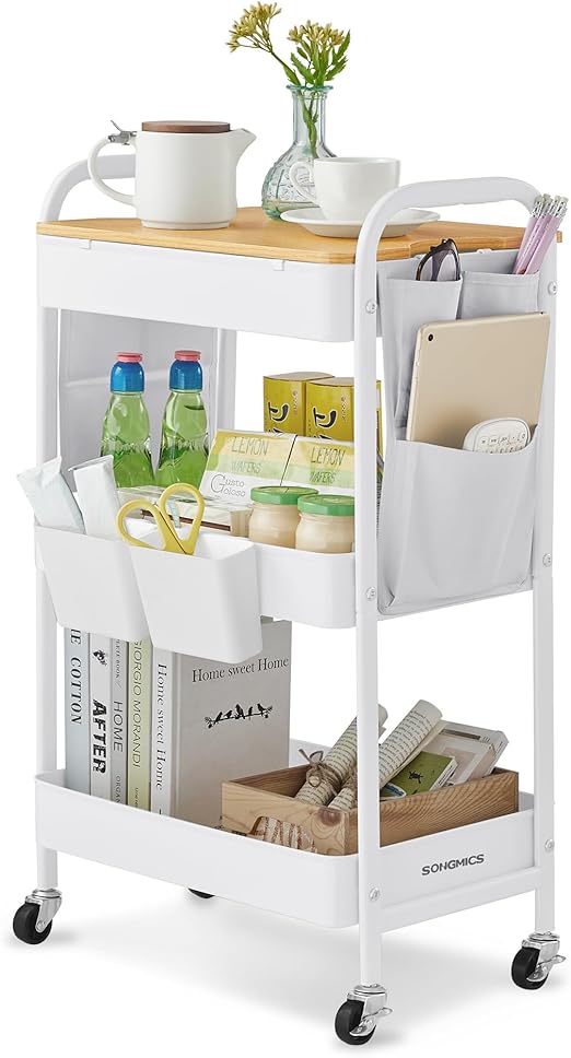 Flick Cart | SONGMICS 3-Tier Rolling Storage Trolley with Table Top & Hanging Cups – Multi-Use Utility Cart for Home, Office & More (Cloud White)