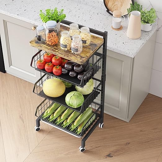 Flick Cart | Enjinkail Oversized Kitchen Trolley with Wheels – Heavy Duty Carbon Steel Storage Rack & Organizer with Basket & Shelf