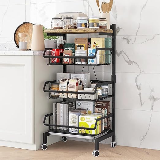 Flick Cart | Enjinkail Oversized Kitchen Trolley with Wheels – Heavy Duty Carbon Steel Storage Rack & Organizer with Basket & Shelf