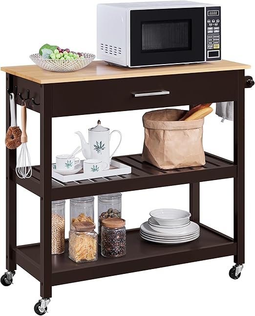 Flick Cart - Yaheetech Rolling Kitchen Island Cart with Bamboo Worktop, Towel Rack & Drawer - Versatile Storage Trolley for Kitchen & Dining Room