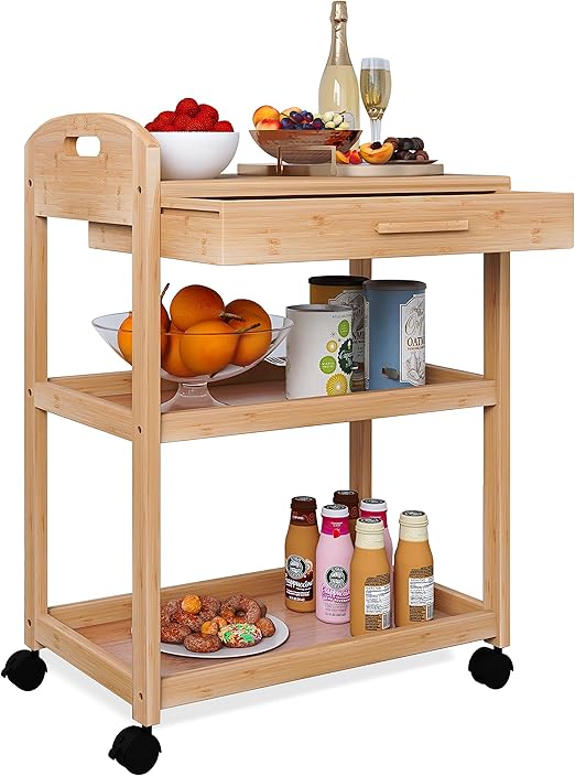 Flick Cart - SMIBUY 3-Tier Kitchen Island Cart with Bamboo Top, Storage Drawer & Lockable Casters (Natural)