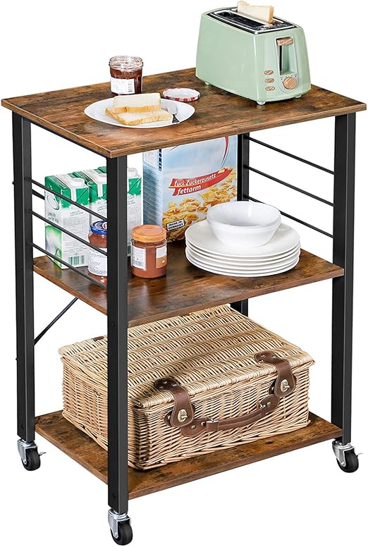 Flick Cart - VASAGLE Industrial Kitchen Shelf on Wheels, 3-Tier Serving Trolley with 6 Hooks, Microwave & Toaster Stand, Rustic Brown & Black