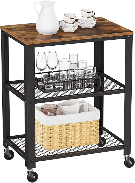 Flick Cart - VASAGLE Vintage 3-Tier Rolling Trolley, Rustic Heavy-Duty Storage Shelf with Wooden Tray, for Kitchen & Living Room