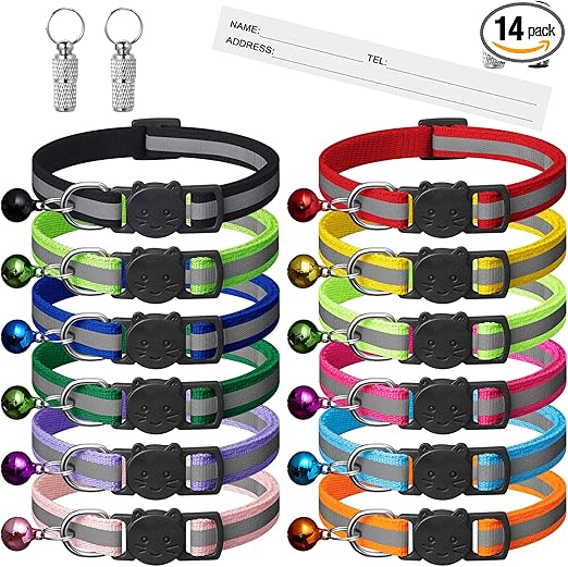 Flick Cart 14-Pc Reflective Cat Collar Set – Adjustable Safety Buckle with Bell & ID Tags (12 Colors
