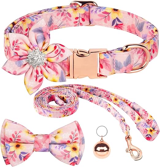 Flick Cart | AUAUY Floral Dog Collar & Leash Set – Adjustable, Stylish & Comfy with Bowtie & Bell for All Dog Sizes