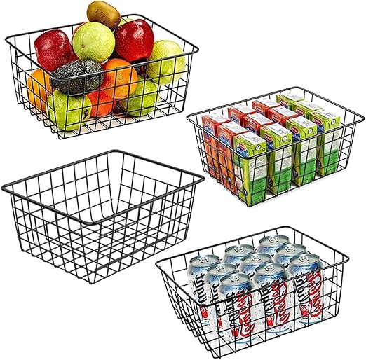 CIFFRA 4PC Black Wire Storage Baskets – Stackable Metal Organizers with Handles | Flick Cart