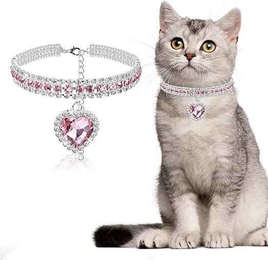 Flick Cart | TIESOME Pink Diamond Cat Collar – Sparkling Crystal Heart Pendant, Adjustable Rhinestone Necklace for Cats & Puppies