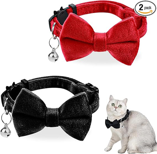 Flick Cart: 2-Pack Velvet Cat Bowtie Collars with Bell – Red & Black Adjustable