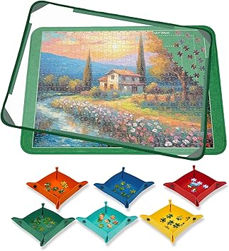 Flick Cart | MOZOOSON 1000-Piece Jigsaw Puzzle Board with Sorting Trays & Clear Cover – Portable Puzzle Storage Solution (32"x22", Green)