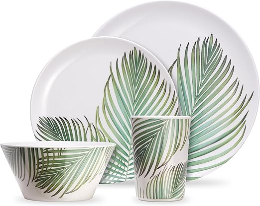 VonShef 16-Pc Leaf Print Dinner Set - Dishwasher Safe Melamine Tableware | Flick Cart |