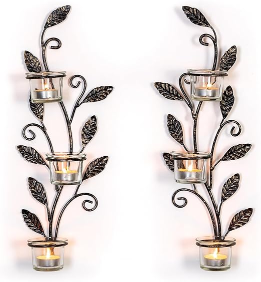 Sziqiqi Black Leaf Wall Candle Holders – Elegant 6-Tealight Sconce | Flick Cart