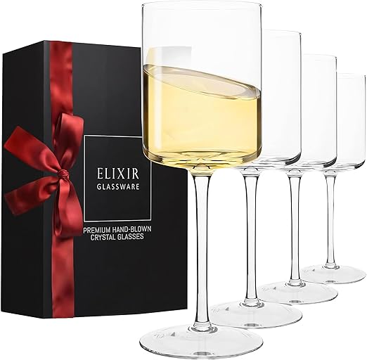 ELIXIR Crystal Square Wine Glasses (Set of 4) – 14oz Lead-Free Stemware – Modern Elegance for Red & White Wine! | Flick Cart