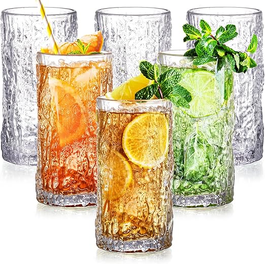 Vintage Charm 6-Pack Textured Highball Glasses – 12oz Thick-Base, Sturdy & Stylish for Iced Tea, Juice & More! | Flick Cart \