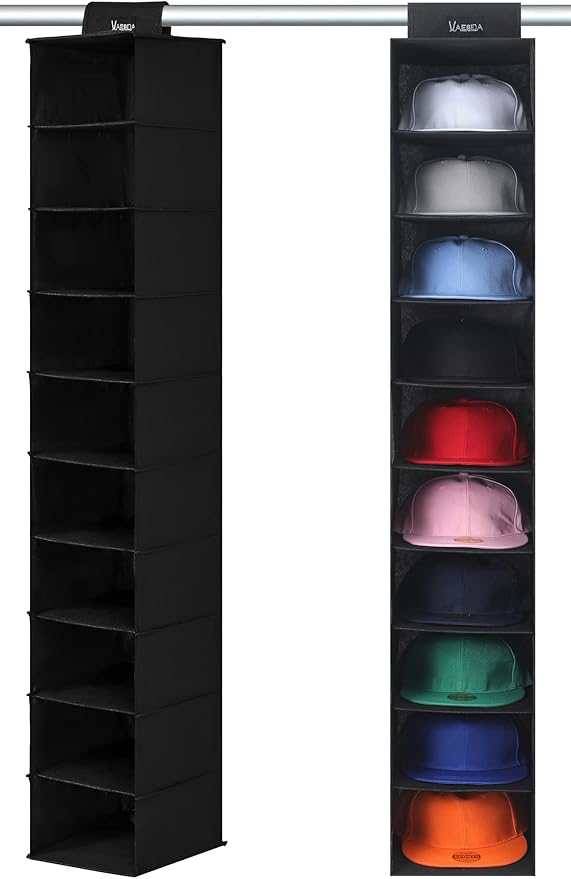 Hat Rack & Hat Storage for Baseball Caps - 10 Shelf Hanging Closet Wardrobe