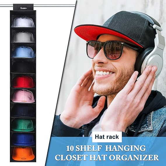 Hat Rack & Hat Storage for Baseball Caps - 10 Shelf Hanging Closet Wardrobe