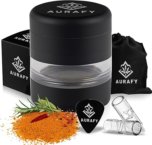 AURAFY 5-Piece Premium Herb Grinder - Curved Aluminum Design with See-Through Window | Flick Cart