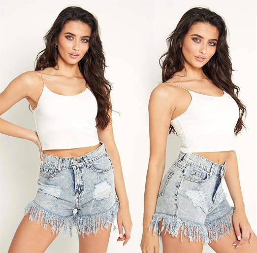 Flick Cart's Boho-Chic Denim Shorts – High Waist + Tassel Fringe in Light Blue