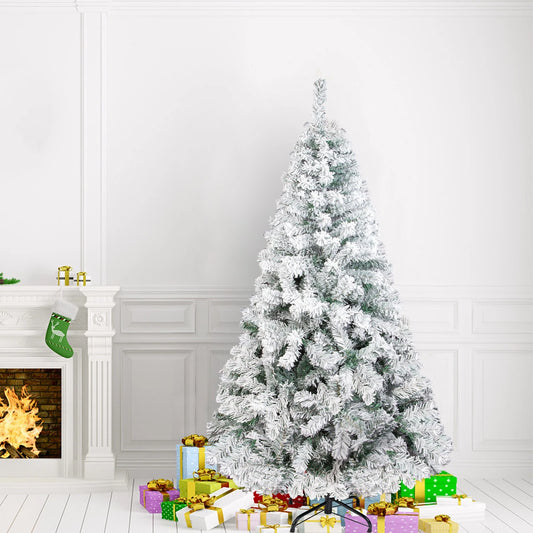 4/5/6/7FT Snow Flocked Artificial Christmas Tree w/ LED Lights Unlit Hinged Xmas
