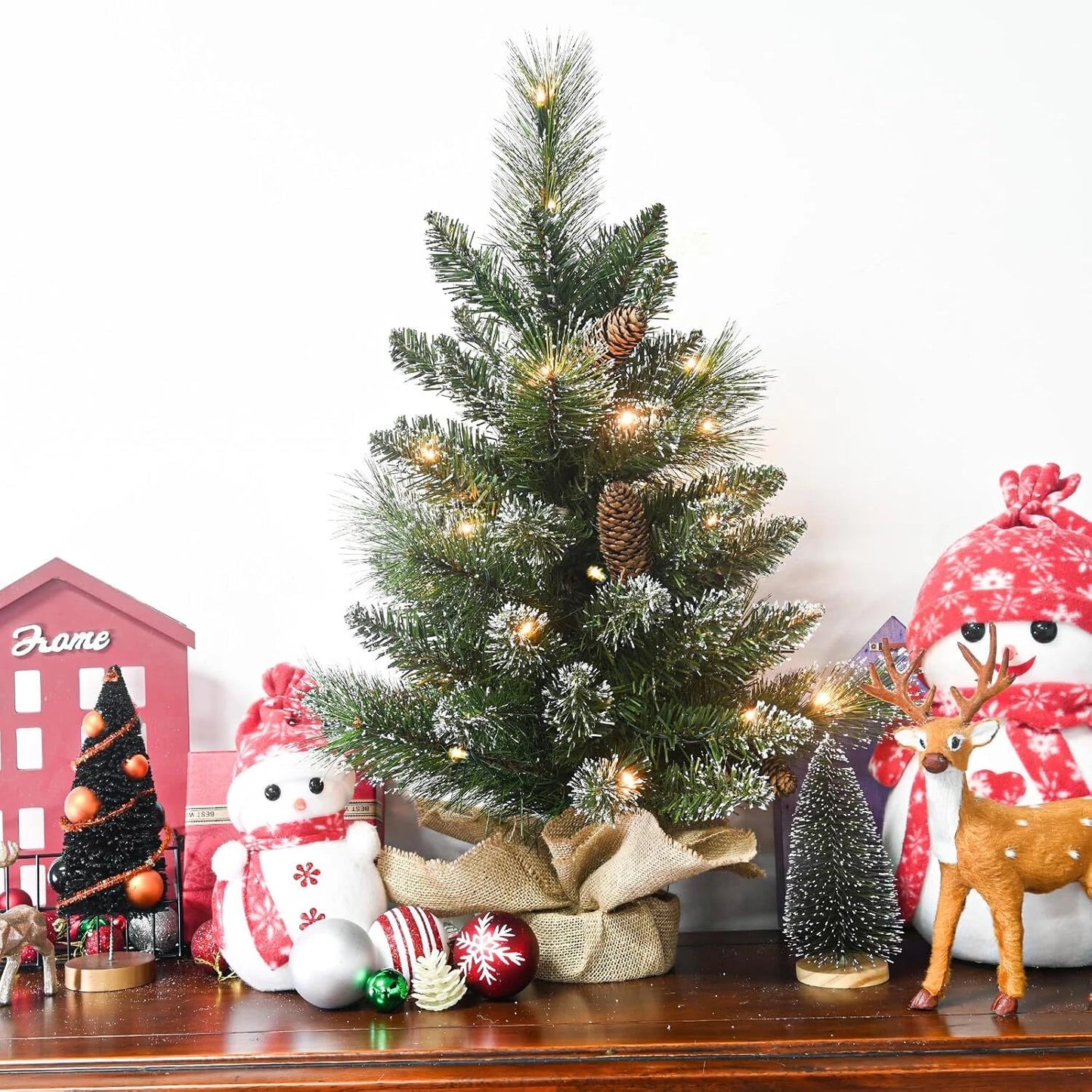 2FT PRE-LIT ARTIFICIAL MINI TABLETOP CHRISTMAS TREE WITH 35 LIGHTS 6 PINECONE