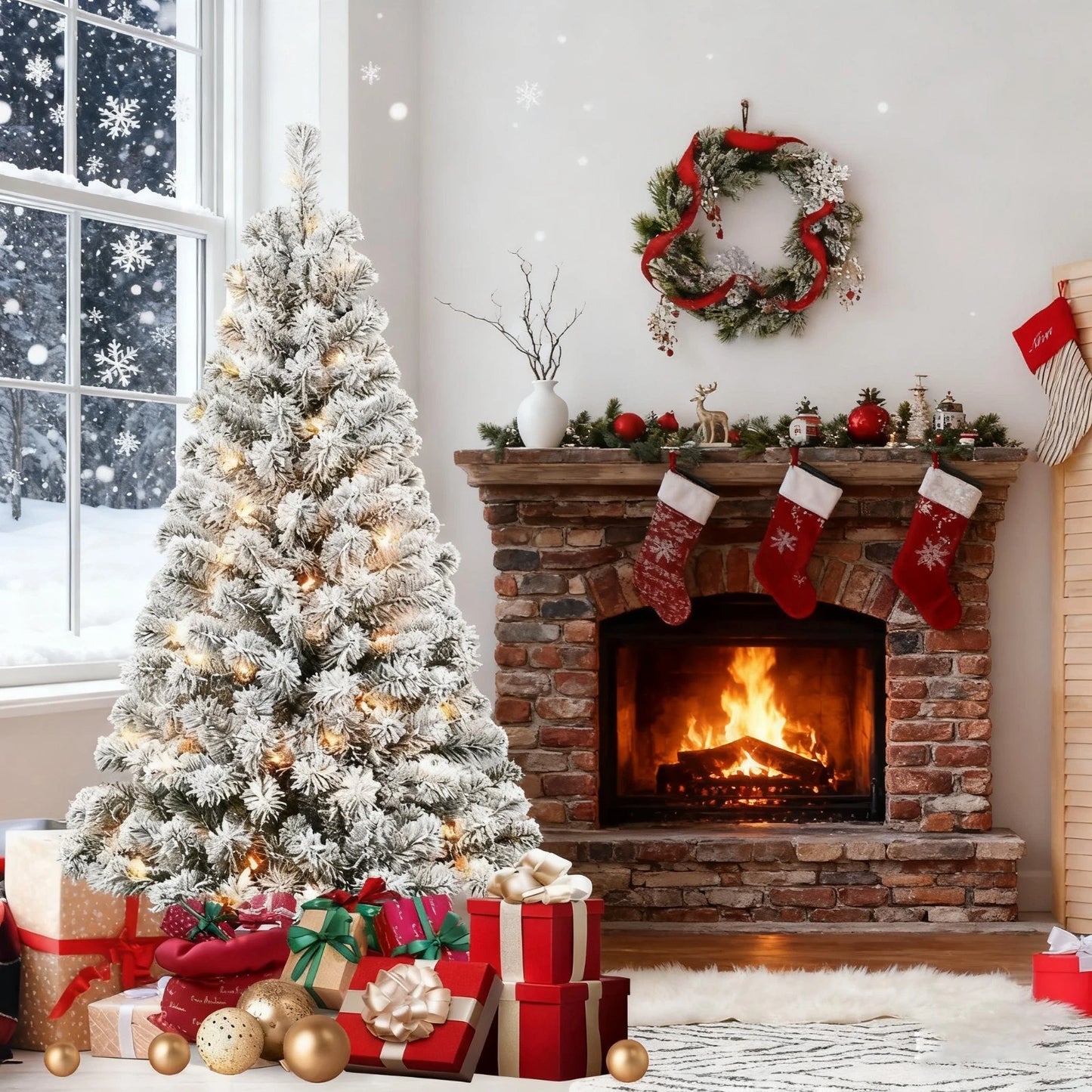 4/5/6/7FT Prelit Snow Flocked Artificial White Christmas tree with lights NEW