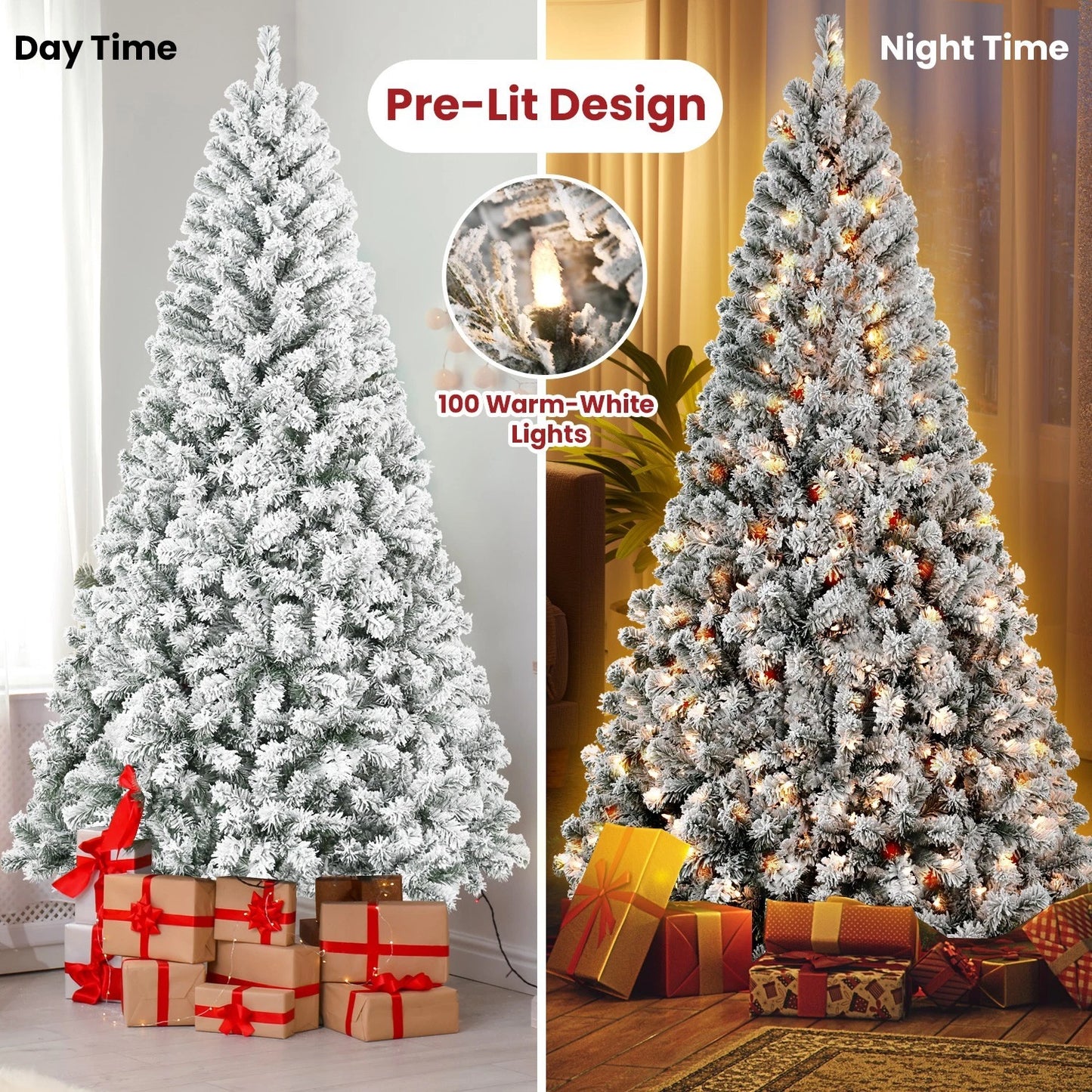 4/5/6/7FT Prelit Snow Flocked Artificial White Christmas tree with lights NEW