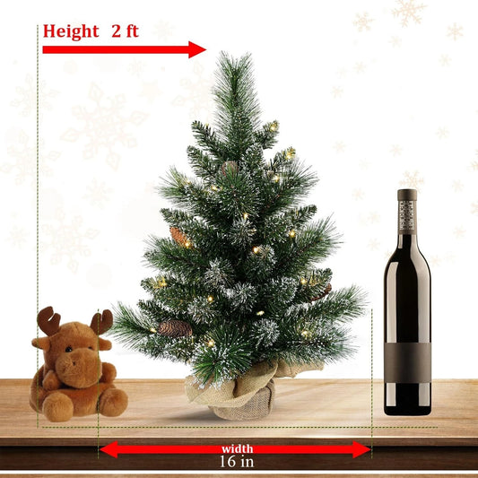 2FT PRE-LIT ARTIFICIAL MINI TABLETOP CHRISTMAS TREE WITH 35 LIGHTS 6 PINECONE