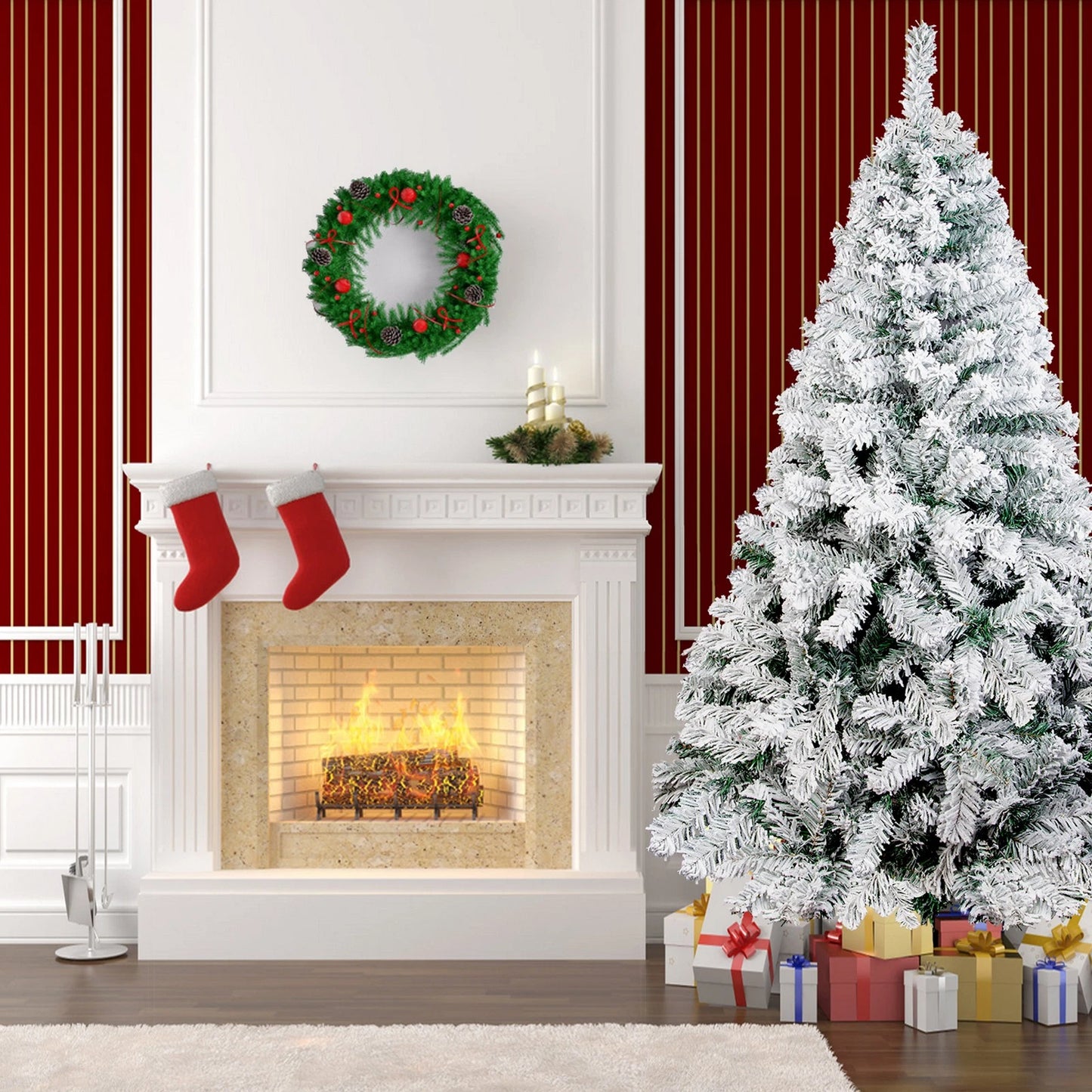 4/5/6/7FT Snow Flocked Artificial Christmas Tree w/ LED Lights Unlit Hinged Xmas